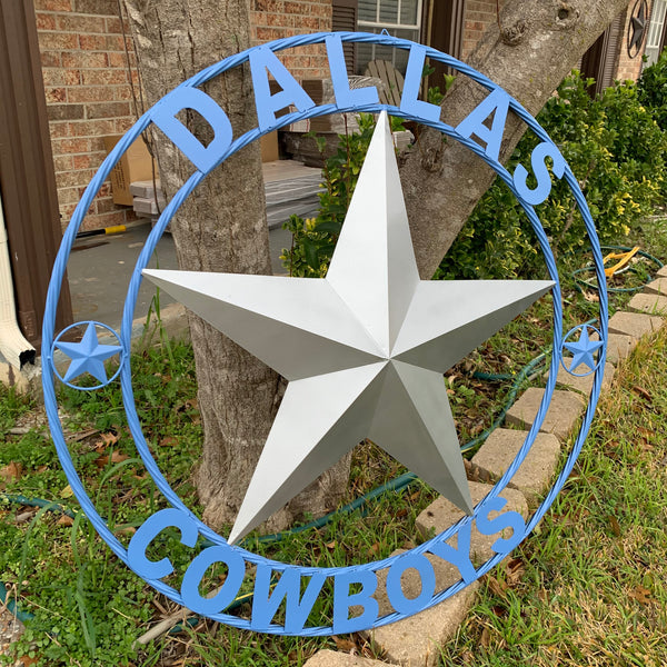 DALLAS COWBOYS SILVER & LIGHT BLUE BARN STAR CUSTOM VINTAGE METAL LONE STAR ART WESTERN HOME DECOR SIZE:24",32",36",40",42",44",46",50"