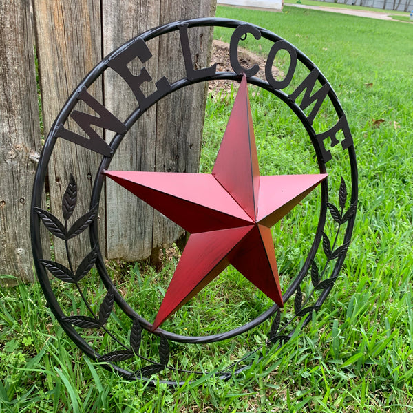 24" WELCOME LEAF LEAVES STAR METAL WALL ART WESTERN HOME DECOR RUSTIC RED HANDMADE