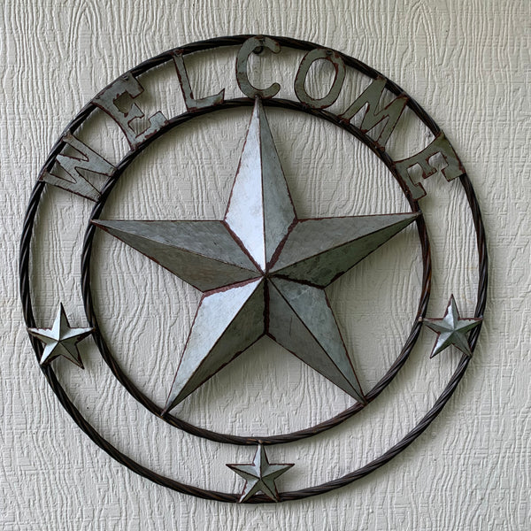 #RT6160 WELCOME GALV 24" METAL BARN STAR TWISTED RING WESTERN HOME DECOR HANDMADE NEW