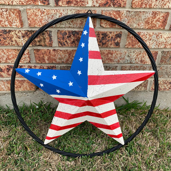 24" AMERICAN USA FLAG CRACKLE STAR METAL WALL ART WESTERN HOME DECOR HANDMADE NEW