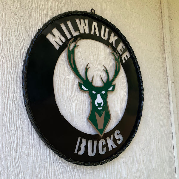 24" MILWAUKEE BUCKS WIDE BAND DISC STYLE METAL CUSTOM VINTAGE CRAFT TEAM SPORTS SIGN HANDMADE