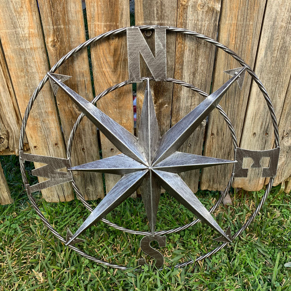 #SI_B8235 COMPASS 24" GREY METAL SIGN WESTERN HOME DECOR HANDMADE NEW