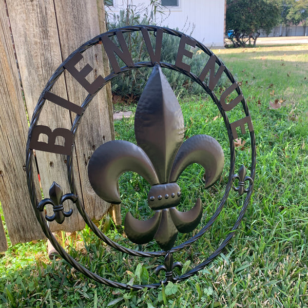 24", 32" GLOSSY BLACK BIENVENUE FLEUR DE LIS METAL WALL ART WESTERN HOME DECOR NEW