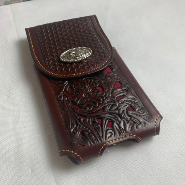 #LG2004  7.5" HORSE COFFEE BROWN & RED LEATHER POUCH EXTRA LARGE  BELT LOOP HOLSTER CELL PHONE CASE UNIVERSAL OVERSIZE