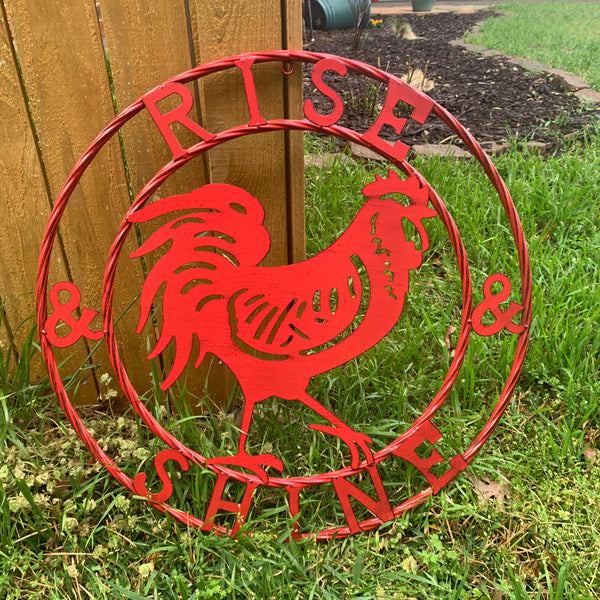 #SI_B9504 RISE & SHINE 24" RED ROOSTER CHICKEN METAL SIGN WESTERN HOME DECOR HANDMADE NEW