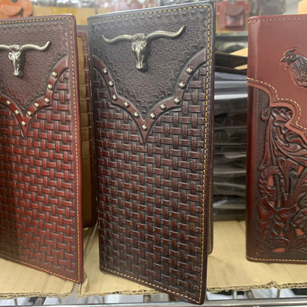 LONGHORNS GENUINE LEATHER WESTERN CHECKBOOK MEN'S WALLET WESTERN FASHION #EH11748 --FREE SHIPPING