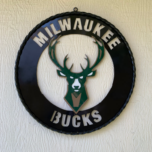 24" MILWAUKEE BUCKS WIDE BAND DISC STYLE METAL CUSTOM VINTAGE CRAFT TEAM SPORTS SIGN HANDMADE