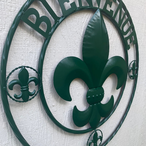 24", 32" GLOSSY HUNTER GREEN FLEUR DE LIS BIENVENUE METAL WALL ART WESTERN HOME DECOR