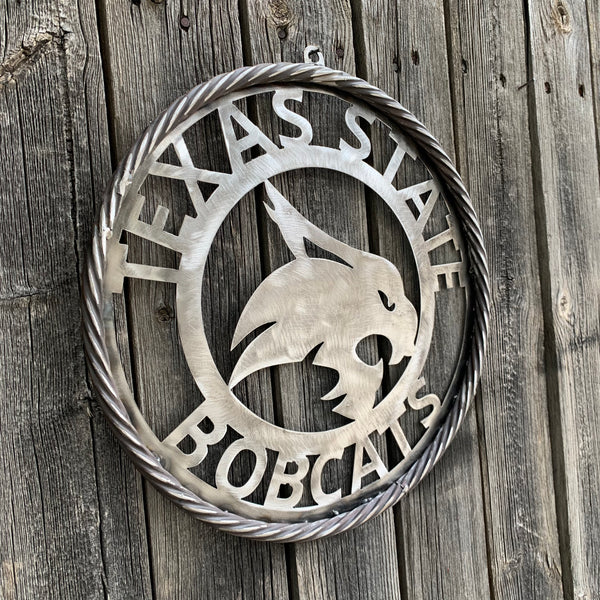 12" TEXAS STATE BOBCATS CUSTOM RAW METAL VINTAGE CRAFT SIGN TEAM ART HANDMADE IN TEXAS