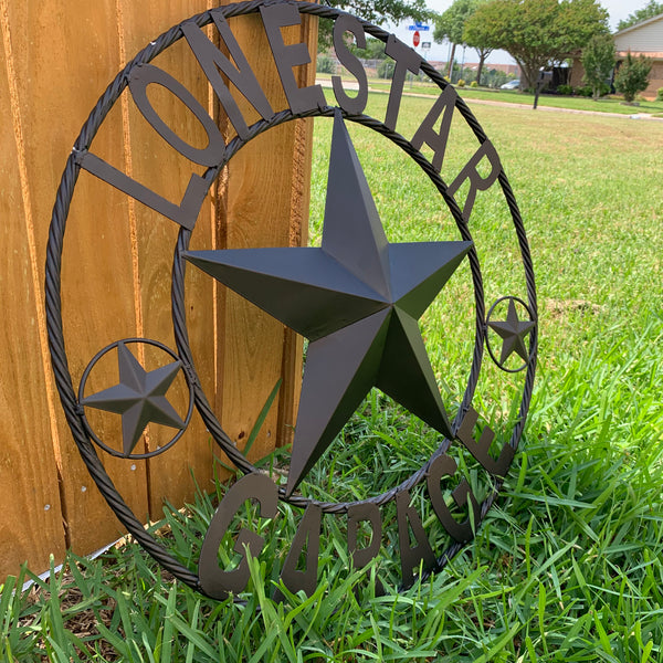 LONESTAR GARAGE STYLE CUSTOM BARN NAME STAR LONESTAR GARAGE METAL NAME BARN STAR WITH TWISTED ROPE RING 3d STAR ART WESTERN HOME DECOR RUSTIC BROWN
