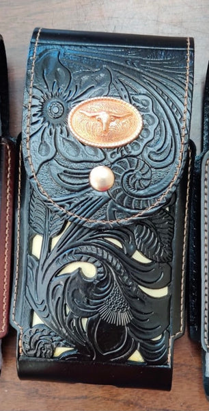 #WS703907  7" LONGHORN LEATHER BLACK WHITE POUCH EXTRA LARGE  BELT LOOP HOLSTER CELL PHONE CASE UNIVERSAL OVERSIZE--FREE SHIPPING