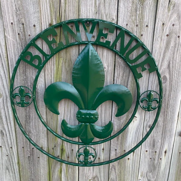 24", 32" GLOSSY HUNTER GREEN FLEUR DE LIS BIENVENUE METAL WALL ART WESTERN HOME DECOR