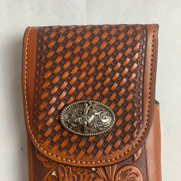 #LG2003 7.5" RODEO TAN BROWN & BEIGE LEATHER POUCH EXTRA LARGE  BELT LOOP HOLSTER CELL PHONE CASE UNIVERSAL OVERSIZE