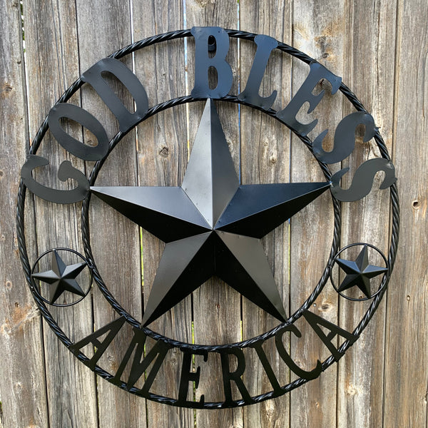 #EH10562 GOD BLESS AMERICA BLACK METAL BARN LONE STAR WESTERN HOME DECOR HANDMADE NEW