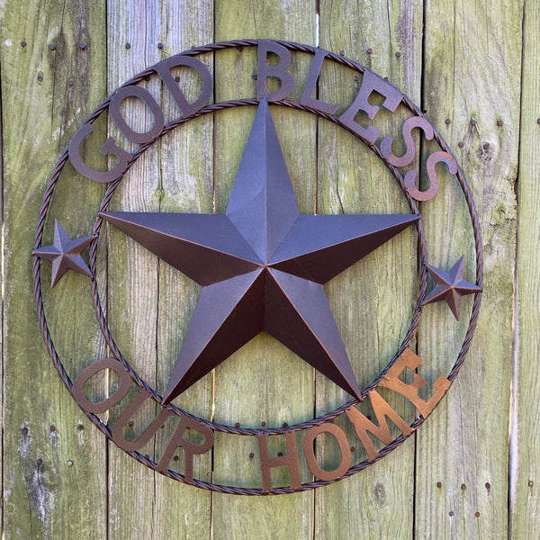 #EH11021 GOD BLESS OUR HOME BARN METAL STAR TWISTED ROPE RING WESTERN HOME DECOR HANDMADE NEW
