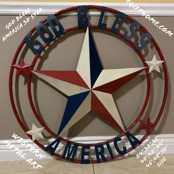 #EH10489 GOD BLESS AMERICA USA FLAG BARN STAR METAL RED WHITE BLUE WESTER HOME DECOR HANDMADE NEW