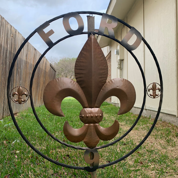 FORD STYLE YOUR CUSTOM NAME FLEUR DE LIS METAL TWISTED ROPE RING SIGN WALL ART WESTERN HOME DECOR HANDMADE 24", 32", 36"