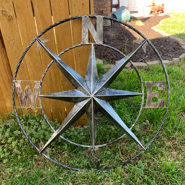 36" COMPASS GREY METAL ART WESTERN METAL ART HOME WALL DECOR RUSTIC GREY