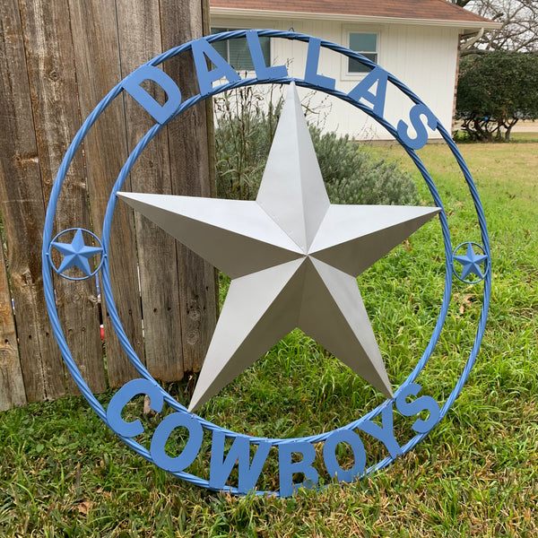 DALLAS COWBOYS SILVER & LIGHT BLUE BARN STAR CUSTOM VINTAGE METAL LONE STAR ART WESTERN HOME DECOR SIZE:24",32",36",40",42",44",46",50"