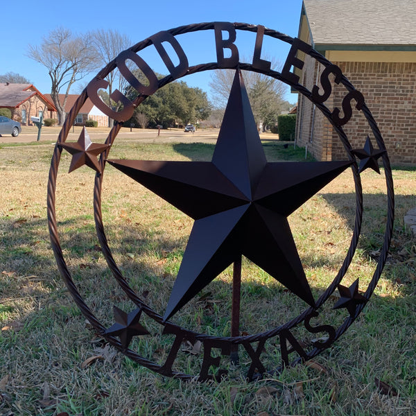 #EH11085 GOD BLESS TEXAS BROWN BARN STAR METAL LONE STAR TWISTED ROPE RING WESTERN HOME DECOR HANDMADE NEW