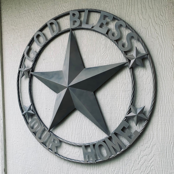 36" GOD BLESS OUR HOME RUSTIC BEIGE BARN METAL STAR ROPE RING WALL ART WESTERN HOME DECOR--FREE SHIPPING