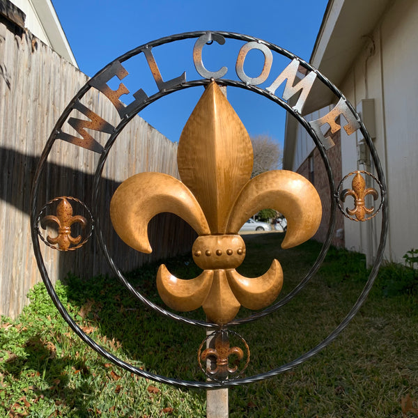 24", 32" WELCOME FLEUR DE LIS METAL WALL ART WESTERN HOME DECOR GOLD & BLACK