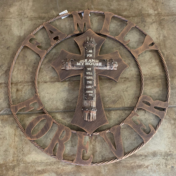 #SI_XF_R0047 FAMILY FOREVER CROSS 24" METAL WALL CROSS WESTERN HOME DECOR NEW