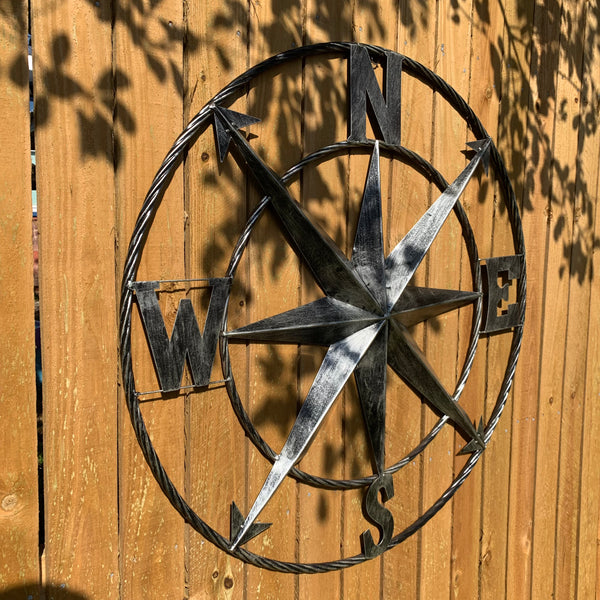 36" COMPASS GREY METAL ART WESTERN METAL ART HOME WALL DECOR RUSTIC GREY