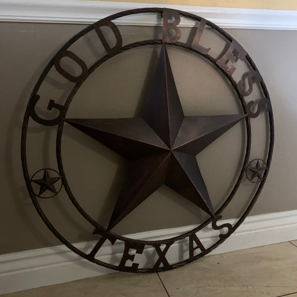 #EH10197 GOD BLESS TEXAS BARN STAR METAL LONESTAR TWISTED ROPE RING WESTERN HOME DECOR HANDMADE NEW