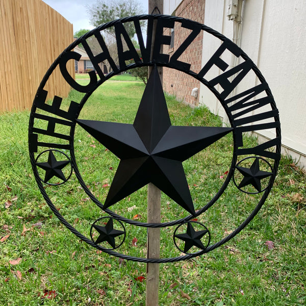 CHAVEZ STYLE CUSTOM FAMILY NAME STAR BLACK STEEL METAL BARN STAR ROPE RING WESTERN HOME DECOR VINTAGE NEW HANDMADE 24",32",34",36",40",42",44",46",50"