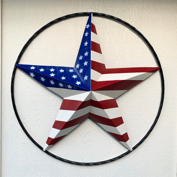 AMERICAN Flag USA Metal Barn Star RED WHITE & BLUE with Black Rope Ring Western Home Decor Handmade 12",16",24",30",34",36",40",48"