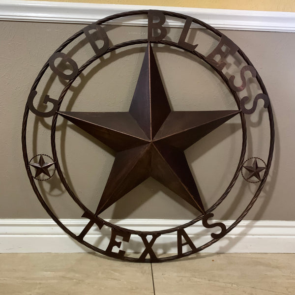 #EH10197 GOD BLESS TEXAS BARN STAR METAL LONESTAR TWISTED ROPE RING WESTERN HOME DECOR HANDMADE NEW