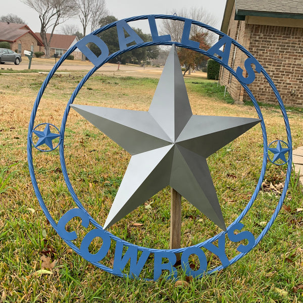 DALLAS COWBOYS SILVER & LIGHT BLUE BARN STAR CUSTOM VINTAGE METAL LONE STAR ART WESTERN HOME DECOR SIZE:24",32",36",40",42",44",46",50"