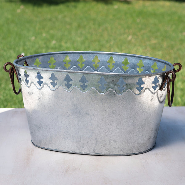 18"  GALV. FLEUR DE LIS OVAL TUB BUCKET WESTERN HOME DECOR NEW