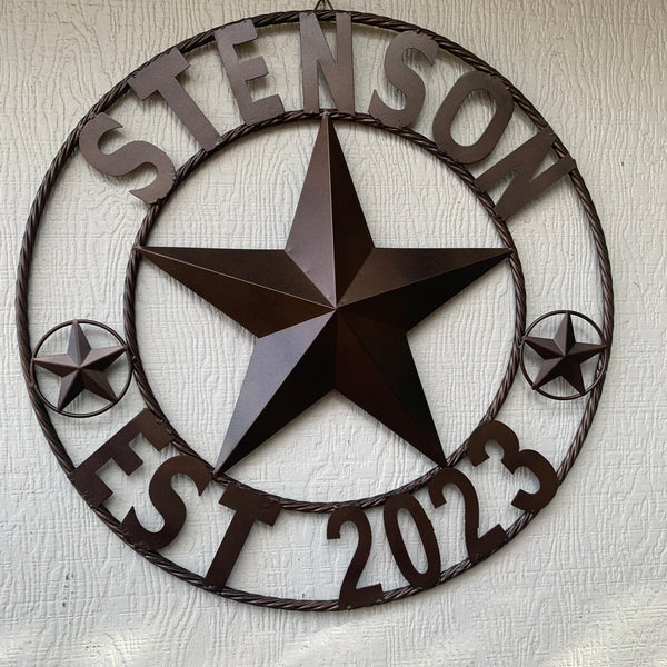 STENSON STYLE YOUR CUSTOM STAR NAME BARN METAL STAR 3d TWISTED ROPE RING WESTERN HOME DECOR RUSTIC BRONZE COPPER NEW HANDMADE 24",32",34",36",40",42",44",46",50"