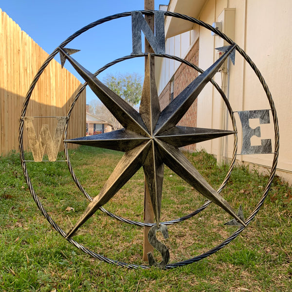 36" COMPASS GREY METAL ART WESTERN METAL ART HOME WALL DECOR RUSTIC GREY