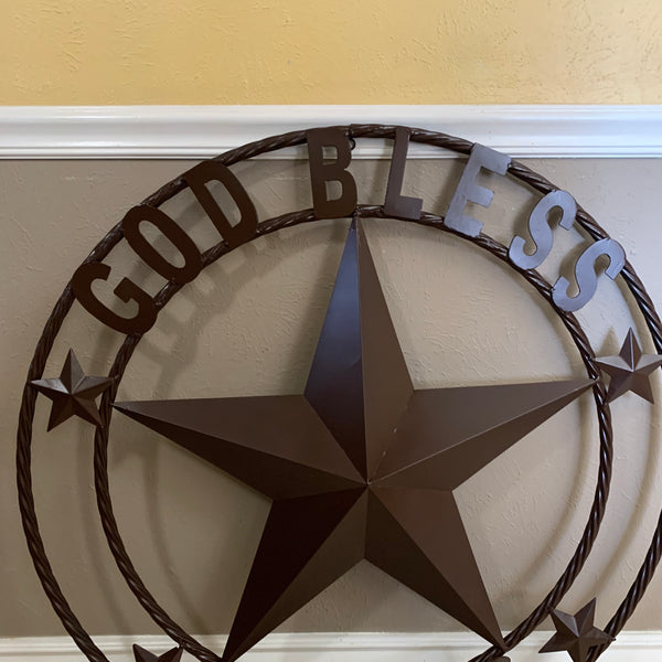 #EH11085 GOD BLESS TEXAS BROWN BARN STAR METAL LONE STAR TWISTED ROPE RING WESTERN HOME DECOR HANDMADE NEW
