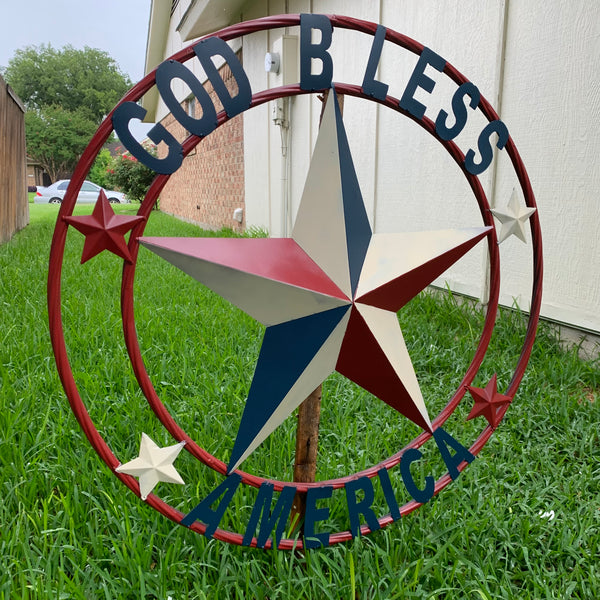 #EH10489 GOD BLESS AMERICA USA FLAG BARN STAR METAL RED WHITE BLUE WESTER HOME DECOR HANDMADE NEW