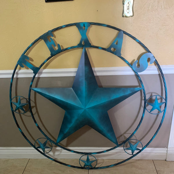 50" TEXAS LONESTAR TURQUOISE DISTRESSED TWO TONE METAL BARN STAR TWISTED ROPE RING WALL ART WESTERN HOME DECOR HANDMADE NEW #EH10483