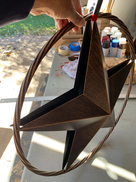 12",16",24" DOUBLE STAR ON STAKE METAL BRONZE COPPER BARN STAR WITH TWISTED ROPE RING CRAFT WESTERN HOME DECOR RUSTIC DECOR