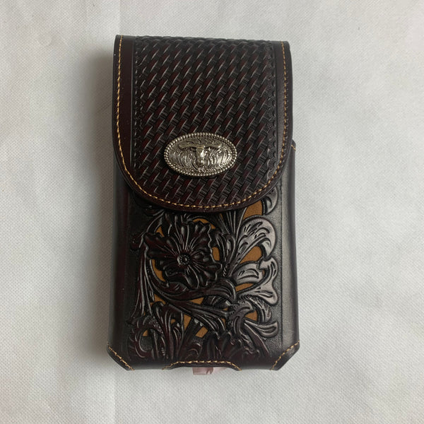 #LG2002 7.5" LONGHORN COFFEE BROWN & BEIGE  LEATHER POUCH EXTRA LARGE  BELT LOOP HOLSTER CELL PHONE CASE UNIVERSAL OVERSIZE