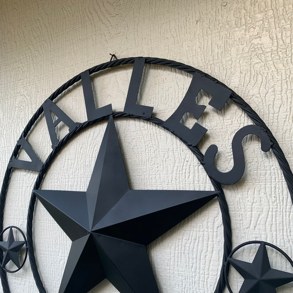 VALLES STYLE YOUR CUSTOM NAME STAR BLACK METAL BARN STAR 3d TWISTED ROPE RING WESTERN HOME DECOR VINTAGE BRONZE RUSTIC NEW HANDMADE 24",32",34",36",40",42",44",46",50"