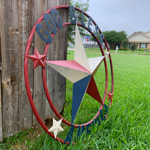 #EH10489 GOD BLESS AMERICA USA FLAG BARN STAR METAL RED WHITE BLUE WESTER HOME DECOR HANDMADE NEW