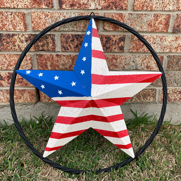 24" AMERICAN USA FLAG CRACKLE STAR METAL WALL ART WESTERN HOME DECOR HANDMADE NEW