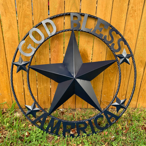 GOD BLESS AMERICA NAVY BLUE METAL BARN STAR RING ART WESTERN HOME DECOR NEW-#EH10131