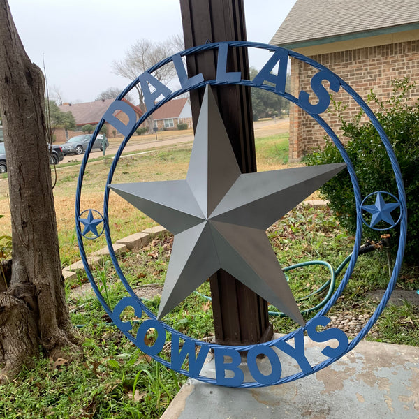 DALLAS COWBOYS SILVER & LIGHT BLUE BARN STAR CUSTOM VINTAGE METAL LONE STAR ART WESTERN HOME DECOR SIZE:24",32",36",40",42",44",46",50"