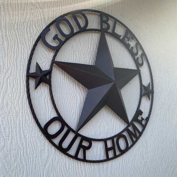 #EH11021 GOD BLESS OUR HOME BARN METAL STAR TWISTED ROPE RING WESTERN HOME DECOR HANDMADE NEW