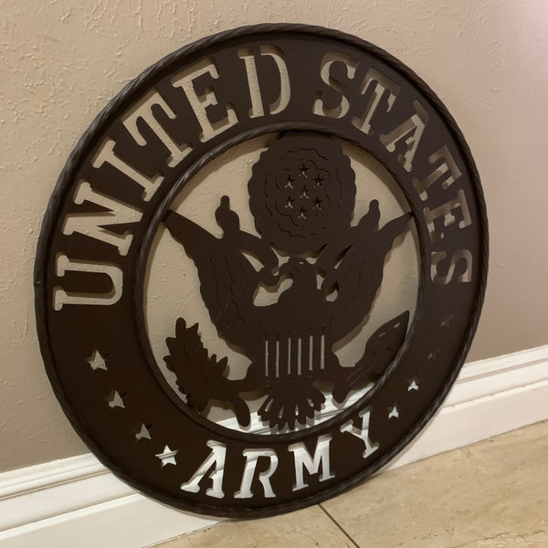 24" USA ARMY MILITARY BROWN  METAL DISC STYLE WALL ART DECOR VINTAGE CRAFT WESTERN HOME DECOR NEW