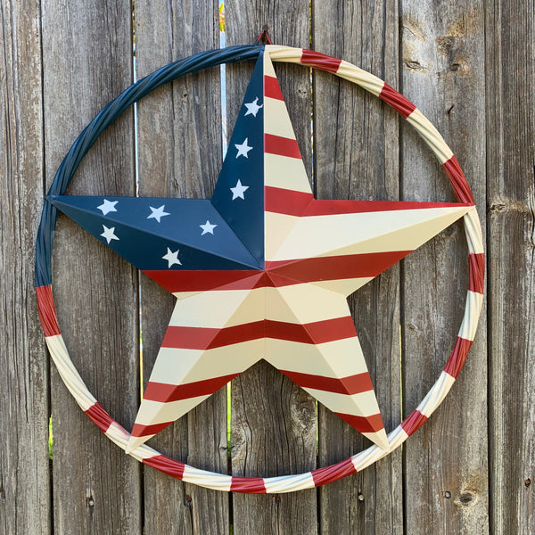 AMERICAN USA FLAG BARN STAR METAL RED IVORY BEIGE BLUE STAR12",16",24",32"36",38",40",48"