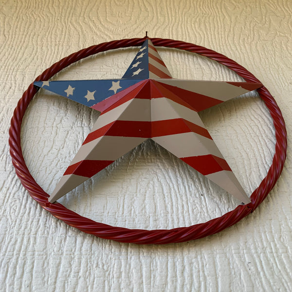 AMERICAN Flag USA Metal Barn Star RED , BEIGE, NAVY BLUE WITH RED Rope Ring Western Home Decor Handmade 12",16",24",30",34",36",40",48"